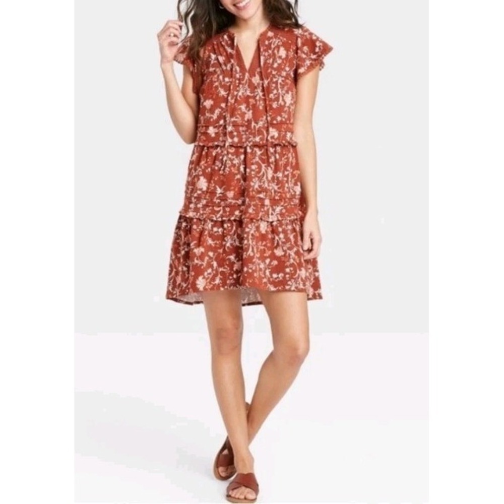 Knox Rose Terracotta Floral Dress Sz M Ruffle Sleeve Western Boho Stretch Cotton